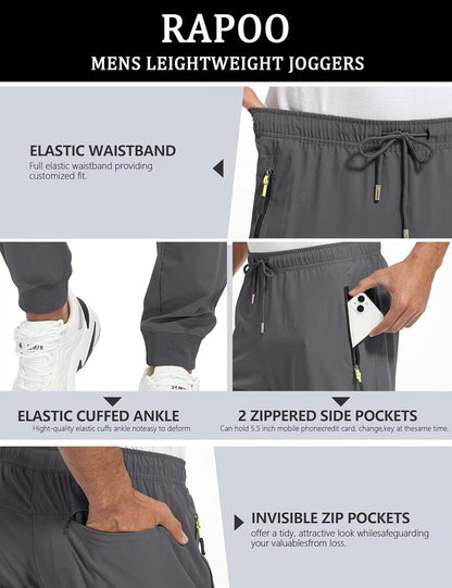 Rapoo Men's Lightweight Jogger Pants - Quick Dry Athletic Track Pants with 3 Zipper Pockets | Perfect for Gym & Running