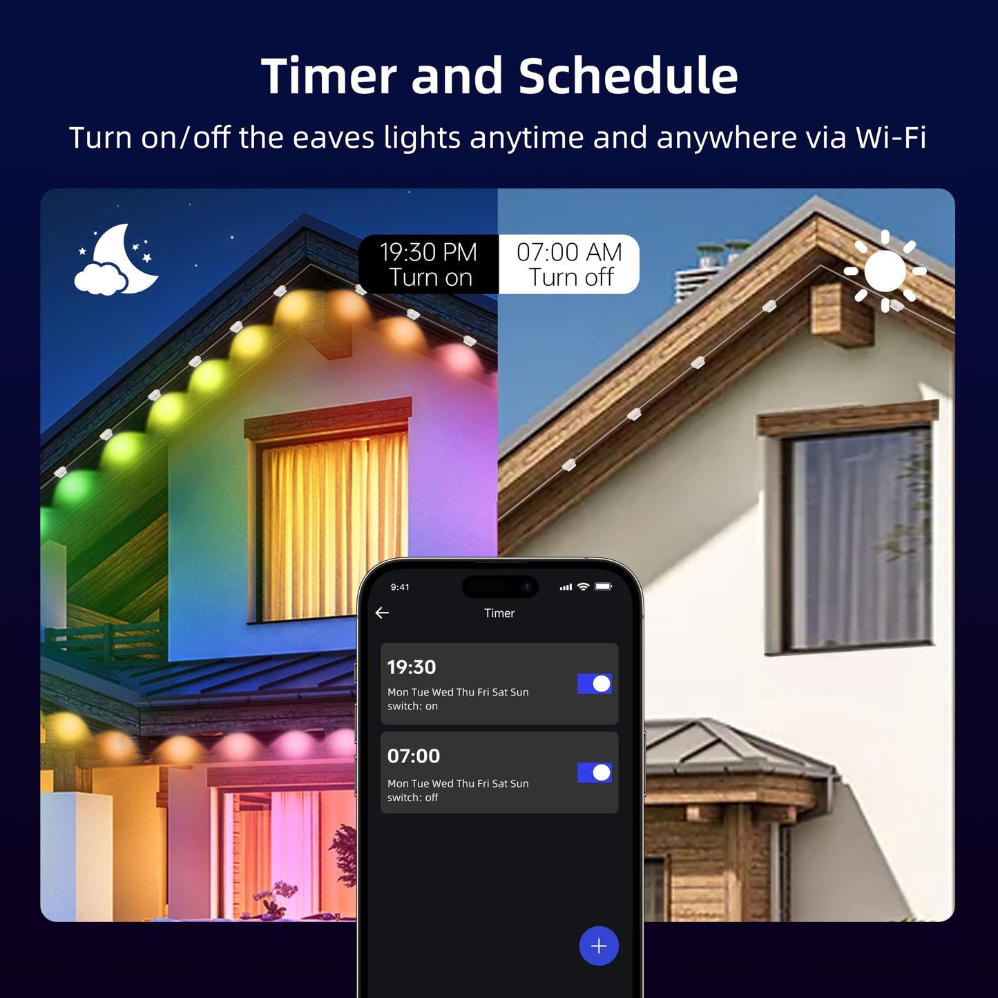 Qeeanmo Permanent Outdoor Lights for House, 120ft Smart RGB+IC Eave Light with APP & Remote Control, DIY Modes,IP67 LED Roof Lights for Holiday, Christmas, Halloween, Party Decor
