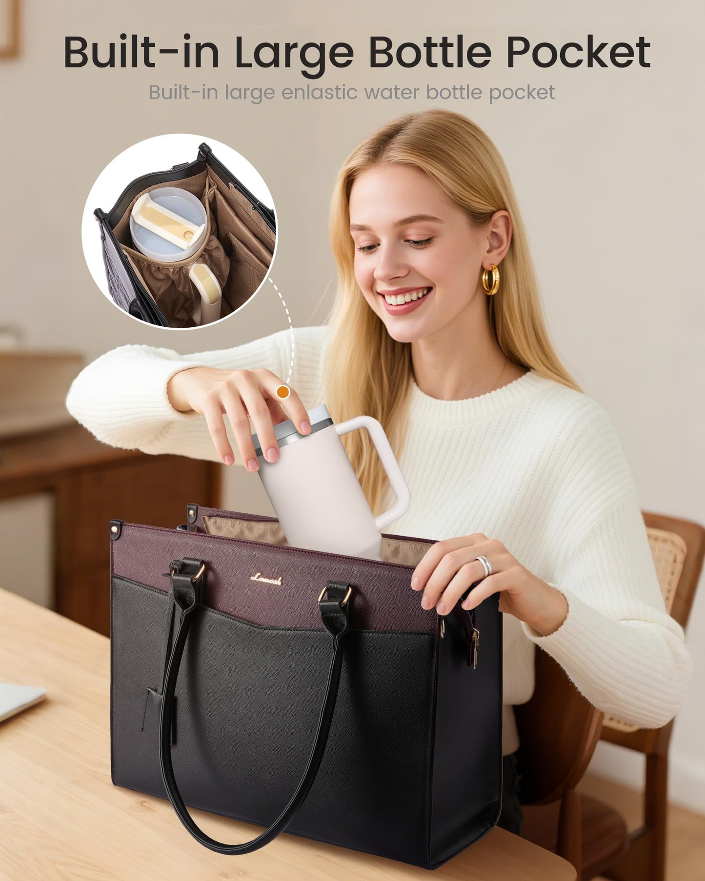 LOVEVOOK 17.3 inch Laptop Bag for Women, 2-in-1 Multi-Pocket Leather Tote Purse with Elegant Clutch & Cup Holder, Waterproof Structured Large Capacity Work Briefcase for Office Travel, Wine Red-Black