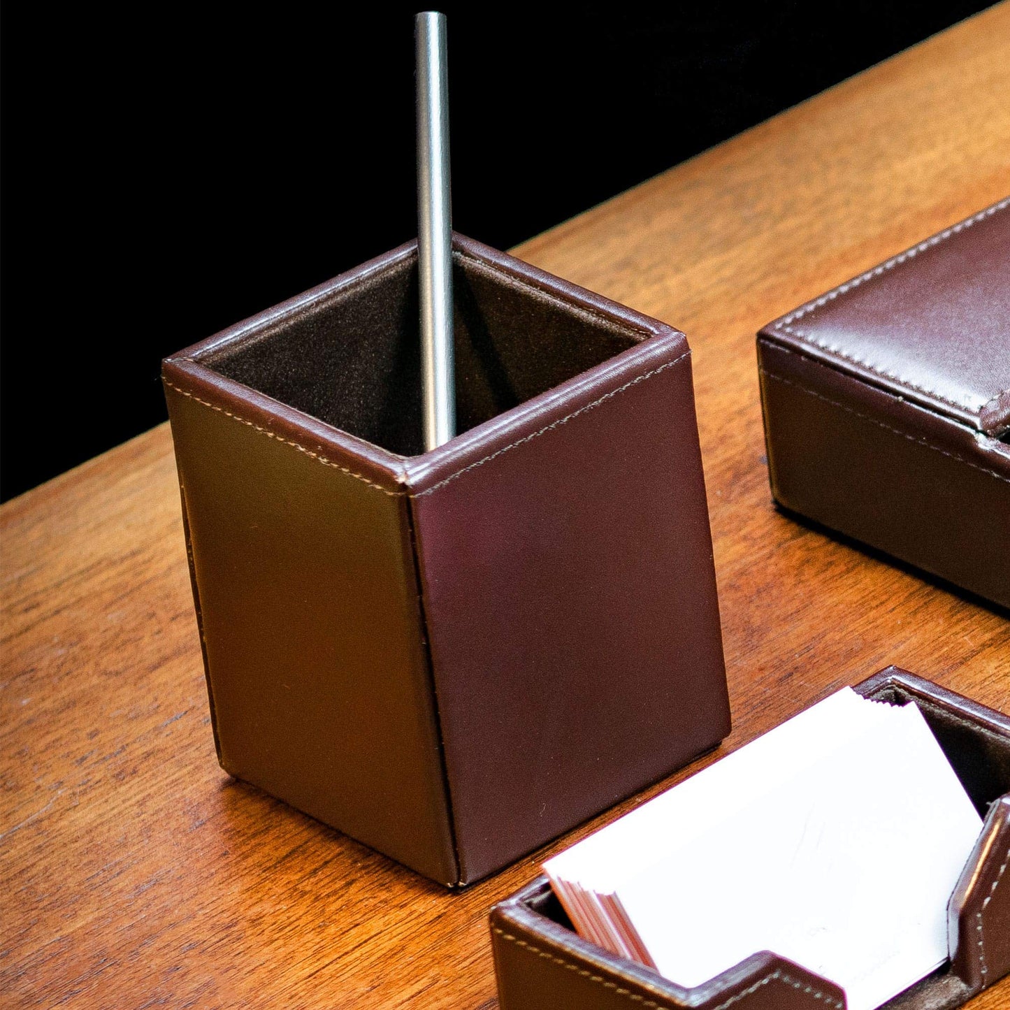 DACASSO Bonded Leather Pencil Cup - Luxury Cup Storage for Pens, Pencils, & Office Accessories - Elegant Pen Organizer & Executive Desk Decor - (Dark Brown)