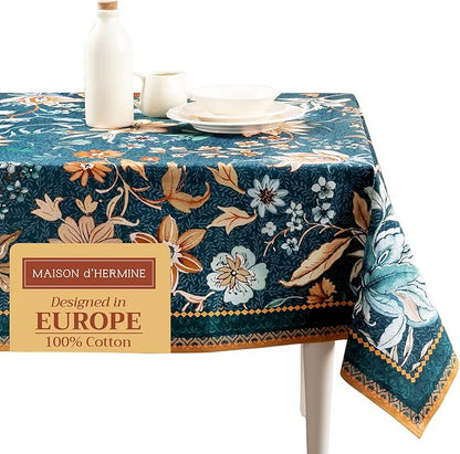 Maison d' Hermine Table Cloth Square Table 100% Cotton 54 x 54 Inches Fall Tablecloth Reusable Everyday Use for Thanksgiving Christmas Decorations Dining Farmhouse Party (Luxury Loft - Dark Teal)