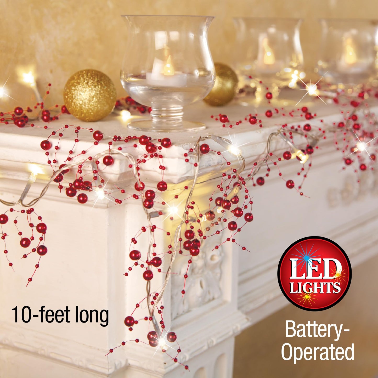 Collections Etc Indoor Christmas Decorations, Festive Lighted Berry Beaded Garland Silver- 120" L