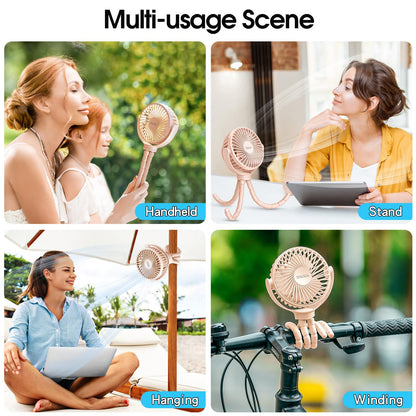 Portable Stroller Fan, Small Battery Powered Fan with Flexible Tripod Clip-on for Baby, USB Rechargeable Mini Handheld Desk Fan for Travel, Camping, Treadmill, Car Seat, Crib, Bike, Bedroom (Pink)