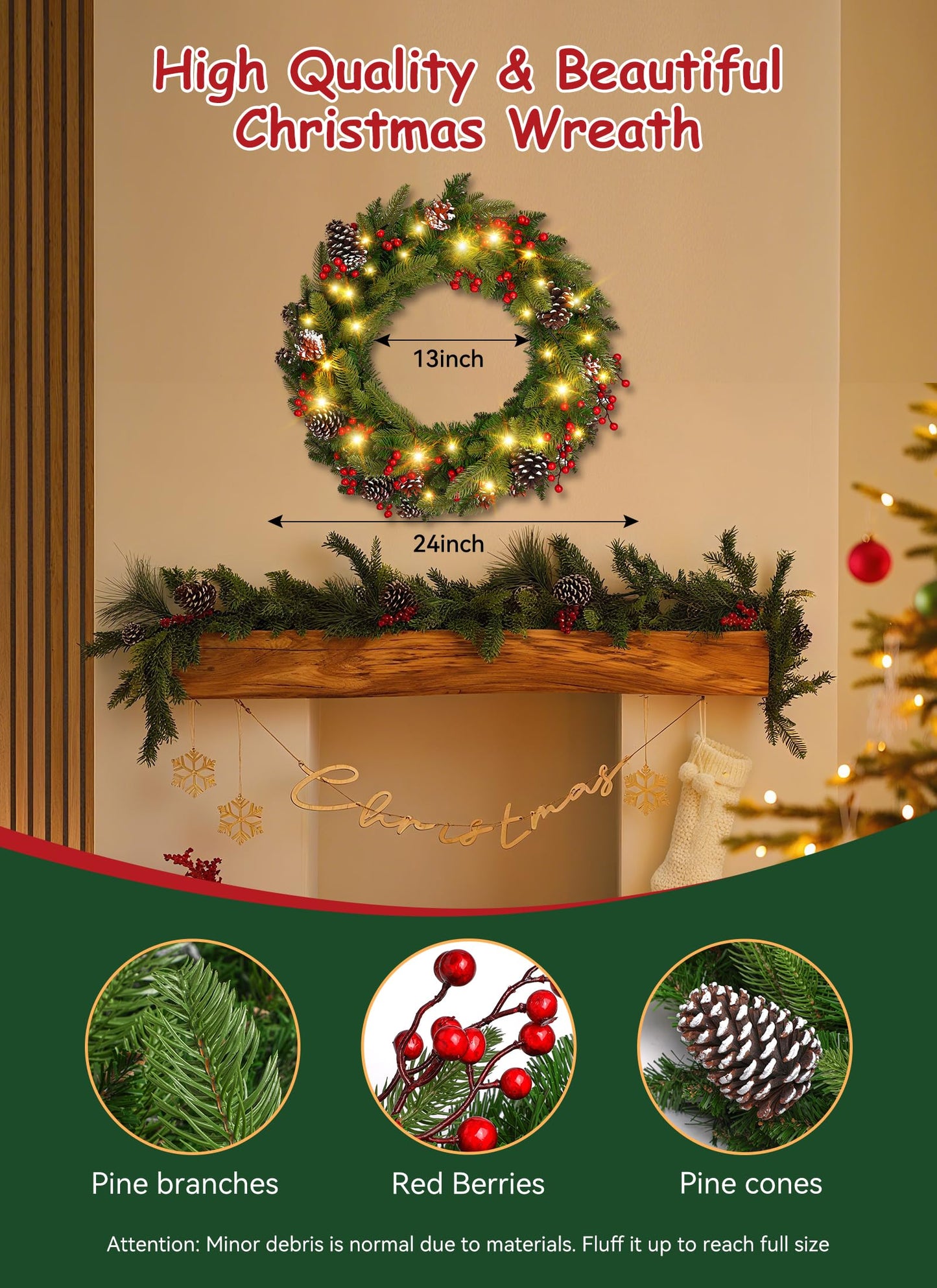 Brightown 24 Inch Pre-Lit Artificial Christmas Wreaths for Front Door,Christmas Decorations Indoor with Pine Cones & Berry Clusters, Christmas Wreath with 50 Lights for Fireplace Wall Window, Plug-in