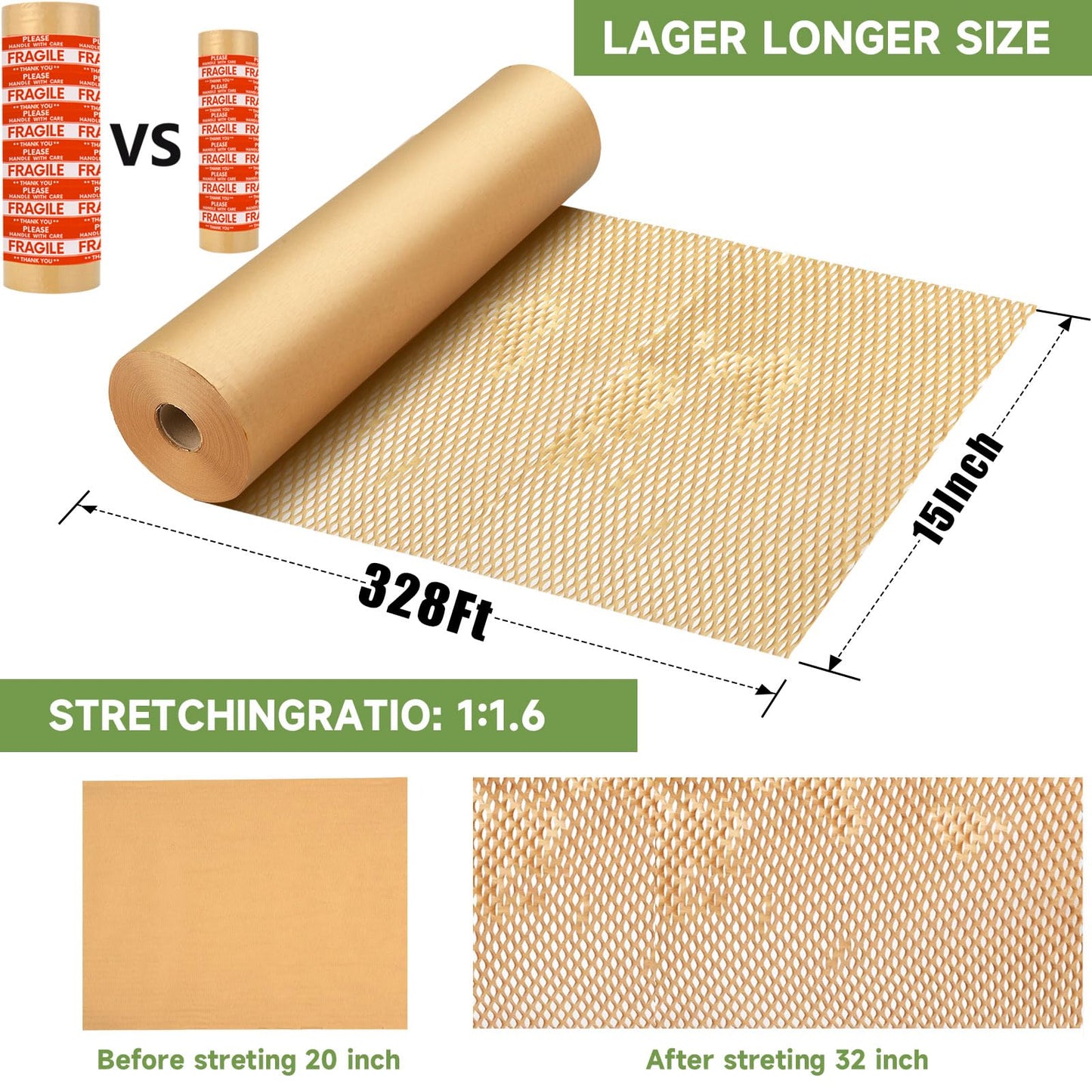 NAPALOOK Honeycomb Packing Paper Wrap 15''x328', Substitute Alternative for Bubble Cushioning Wrap for Moving Shipping Packaging, Recyclable Moving Supplies with 48 Fragile Sticker Labels