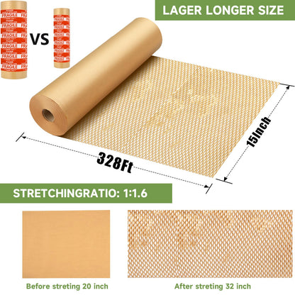 NAPALOOK Honeycomb Packing Paper Wrap 15''x328', Substitute Alternative for Bubble Cushioning Wrap for Moving Shipping Packaging, Recyclable Moving Supplies with 48 Fragile Sticker Labels