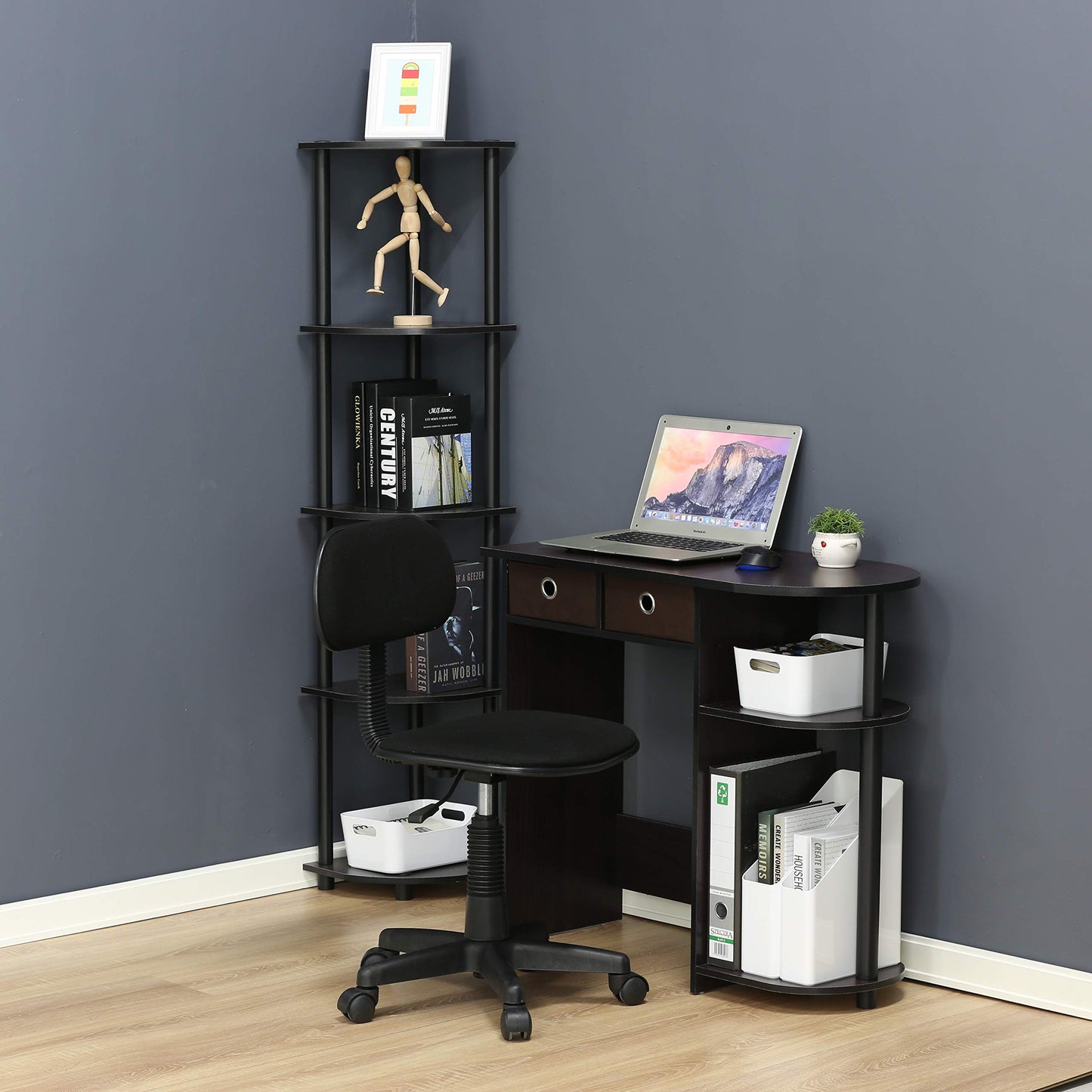 Furinno GO GREEN Desk, 31.5" Wide Gaming Desk with 2 Side Shelves and Storage Bins, Computer Desk, Office Desk for Home Office, Study Room, Dorm, Bedroom, Dark Walnut