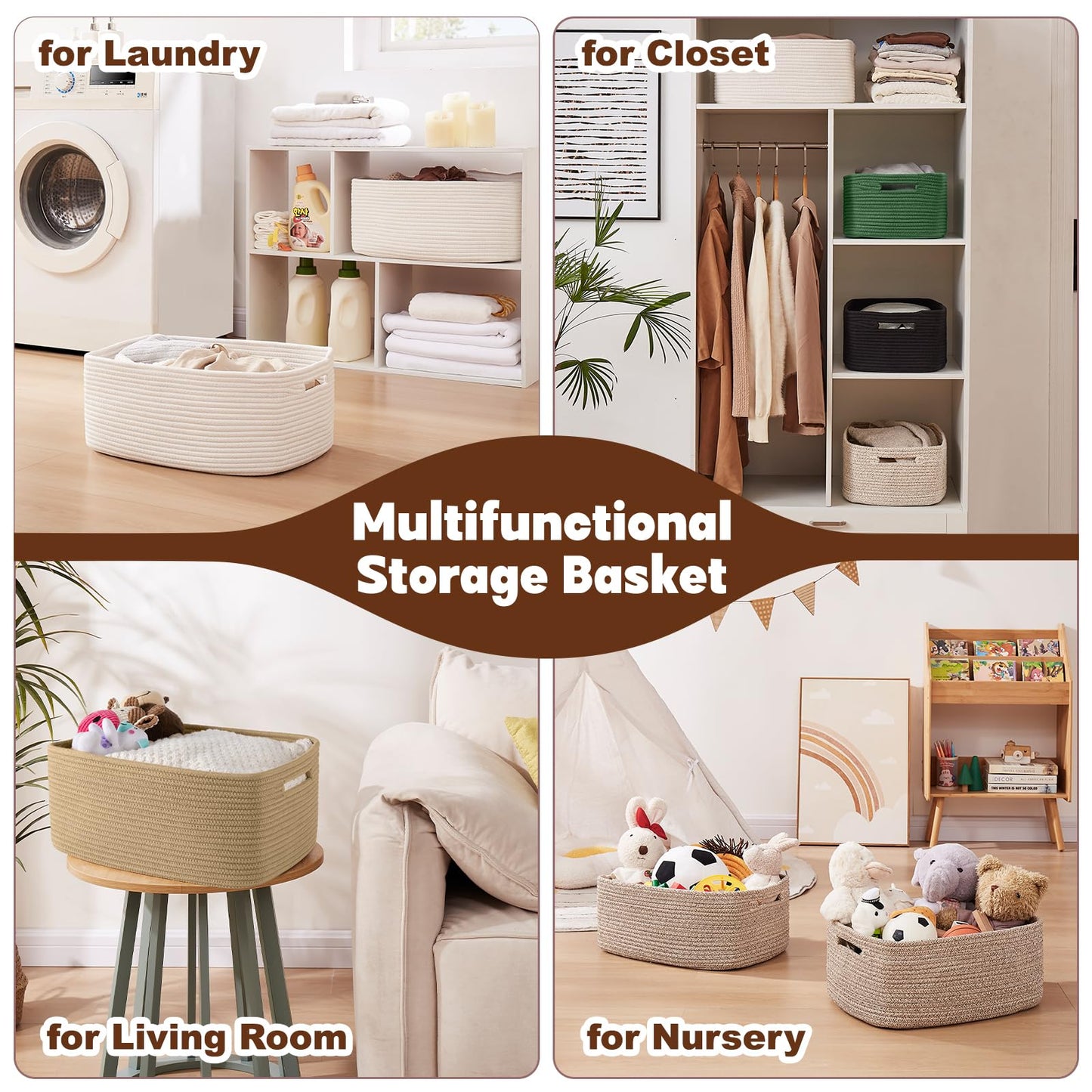 OIAHOMY Storage Basket for Shelves, Closet Cube Storage Bins Baskets for Clothes Blanket Towels, Baby Nursery, Toy Baskets Box, Woven Rope Basket, 15.75 * 11.81 * 7.09 IN, 2 Packs Brown