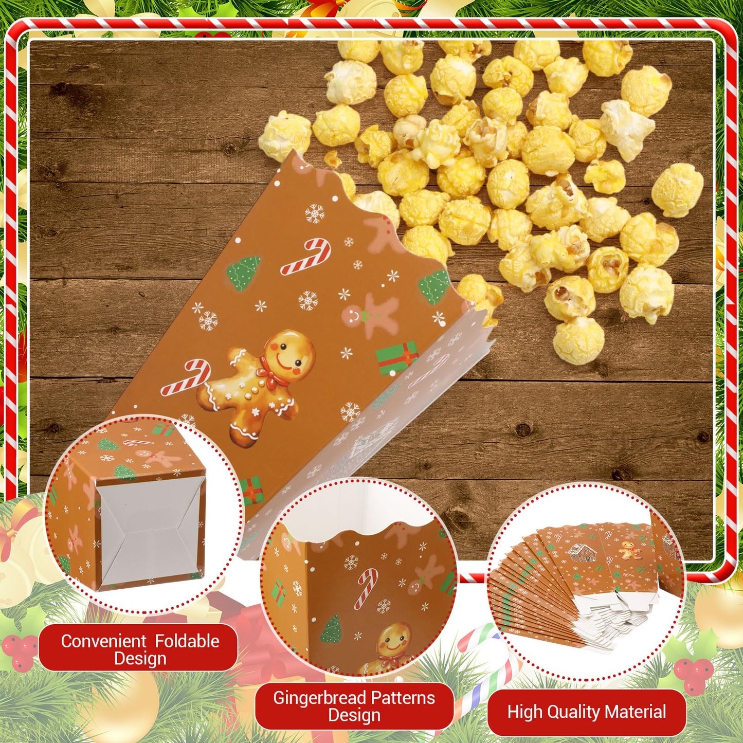Faccito 50 Pcs Christmas Popcorn Boxes Brown Gingerbread Christmas Movie Popcorn Boxes Paper Snow House Buckets Snack Containers Holiday Case for Xmas Party Gingerbread House Party Favors Supplies
