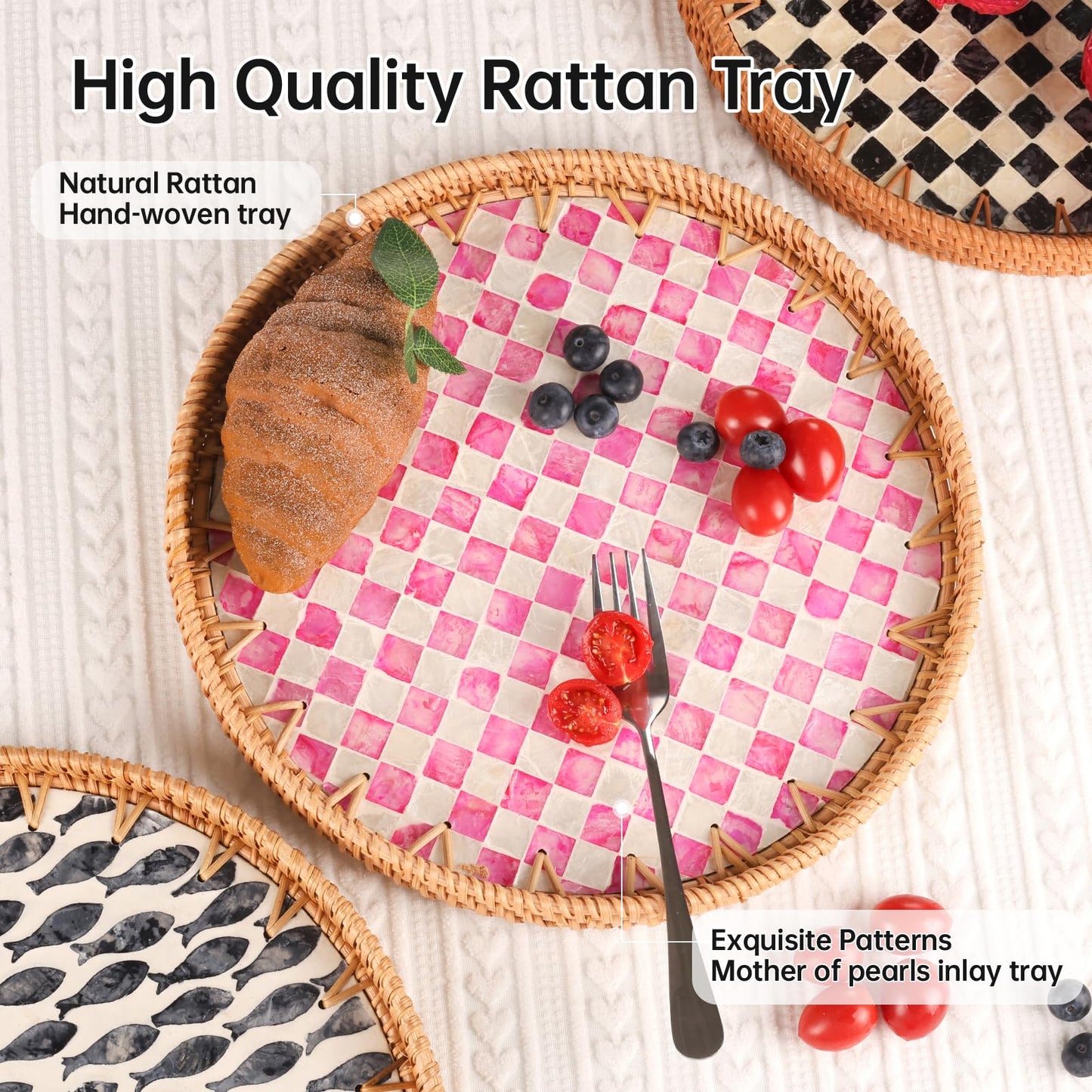 Tynulox Round Rattan Tray with Mother of Pearl Inlay, Rattan Serving Tray for Coffee, Bread, Fruits, Decorative Wicker Tray for Table Decor, Home Decor, Kitchen Island Decor(Pink Checkerboard, 11.8")