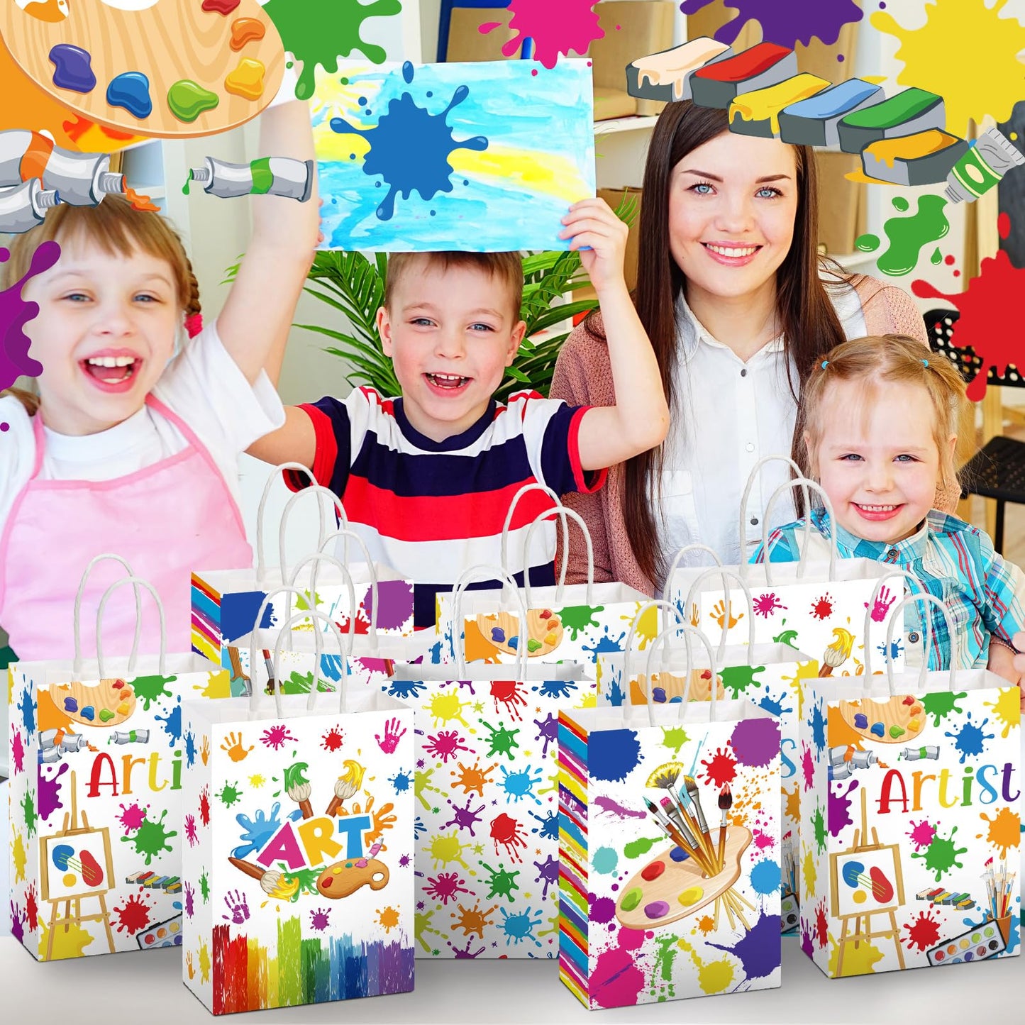 Kolldenn 24 Pcs Art Party Favors Bags Paint Gift Goodie Paper Bags with Handles Splatter Art Candy Pouch‌ Artist Treat Pouch‌ for Painting Splatter Birthday Party Decorations Supplies