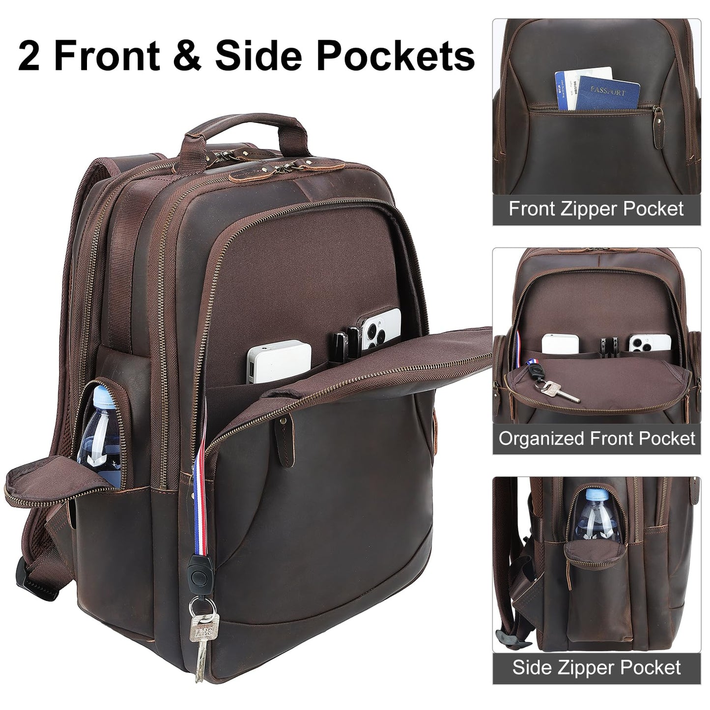 TIDING Full Grain Leather 17.3 Inch Laptop Backpack for Men Large Capacity Travel Weekender Camping Daypack Rucksack