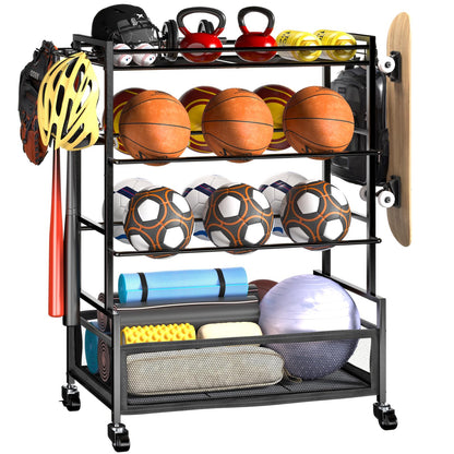 SOYEEZE Sports Equipment Organizer- Ball Storage for Garage,4 Tiers Outdoor Toy Storage,Soccer Racks,Basketball Shooting Training Stand Cart with Wheels and Hooks for Home-School and Gym Use