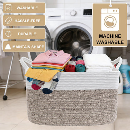 HZFTJOY Large Blanket Basket,Woven Rope Basket Storage Bin with Handles,65L Rectangle Laundry Basket for Magazines,Toys,Clothes,Newspaper Shelf Organization,Nursery and Living Room,White & Brown