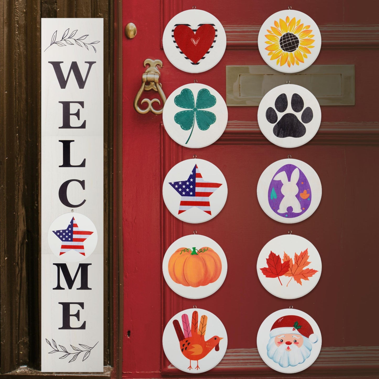 Perfnique Interchangeable Welcome sign for front porch standing, 47 x 7.9 Inch Black Wooden Leaner Sign with 10 Interchangeable Designed Icons, Modern Farmhouse Rustic Seasonal Decor for Spring Easter Fall Christmas (White)