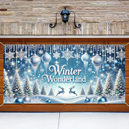 HOMETITUTE Winter Wonderland Garage Door Banner 13x6ft Snowy Landscape Decoration Frost Covered Trees Photo Prop Background for Peaceful Holiday Outdoor Festive Display Party Supplies