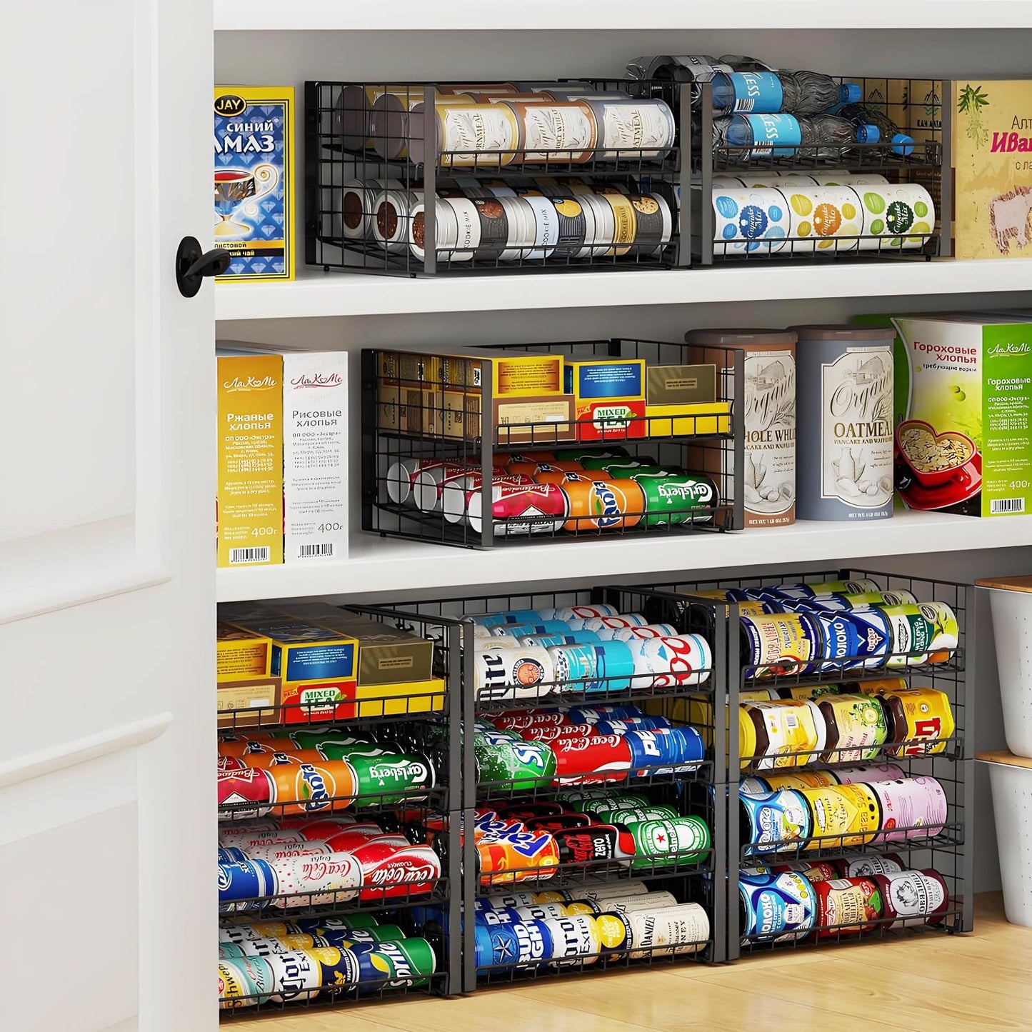 JKsmart 2-Tier Stackable Can Rack Organizer for Pantry, Adjustable Can Dispenser Holds Up to 62 Cans, Can Storage Holder for Various Ounces of Canned Food Soda Drinks, Black, 2 Pack (Petent Pending)