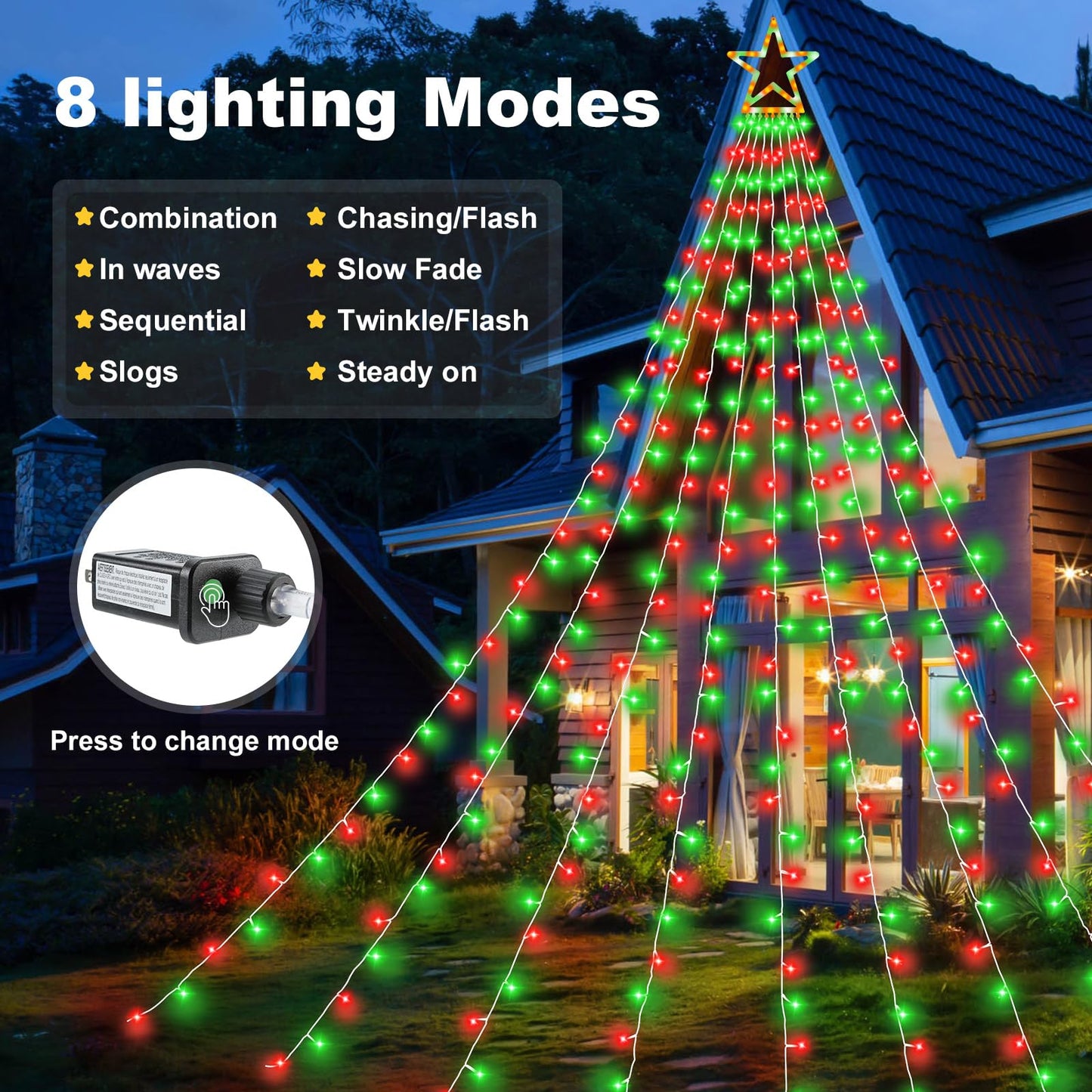 Christmas Decorations Outdoor, 11.5 ft 317 LED Star Christmas Tree Lights, 8 Memory Lighting Modes&Timer Star Light for Yard, Wedding, Party, Decorations（Red+Green）