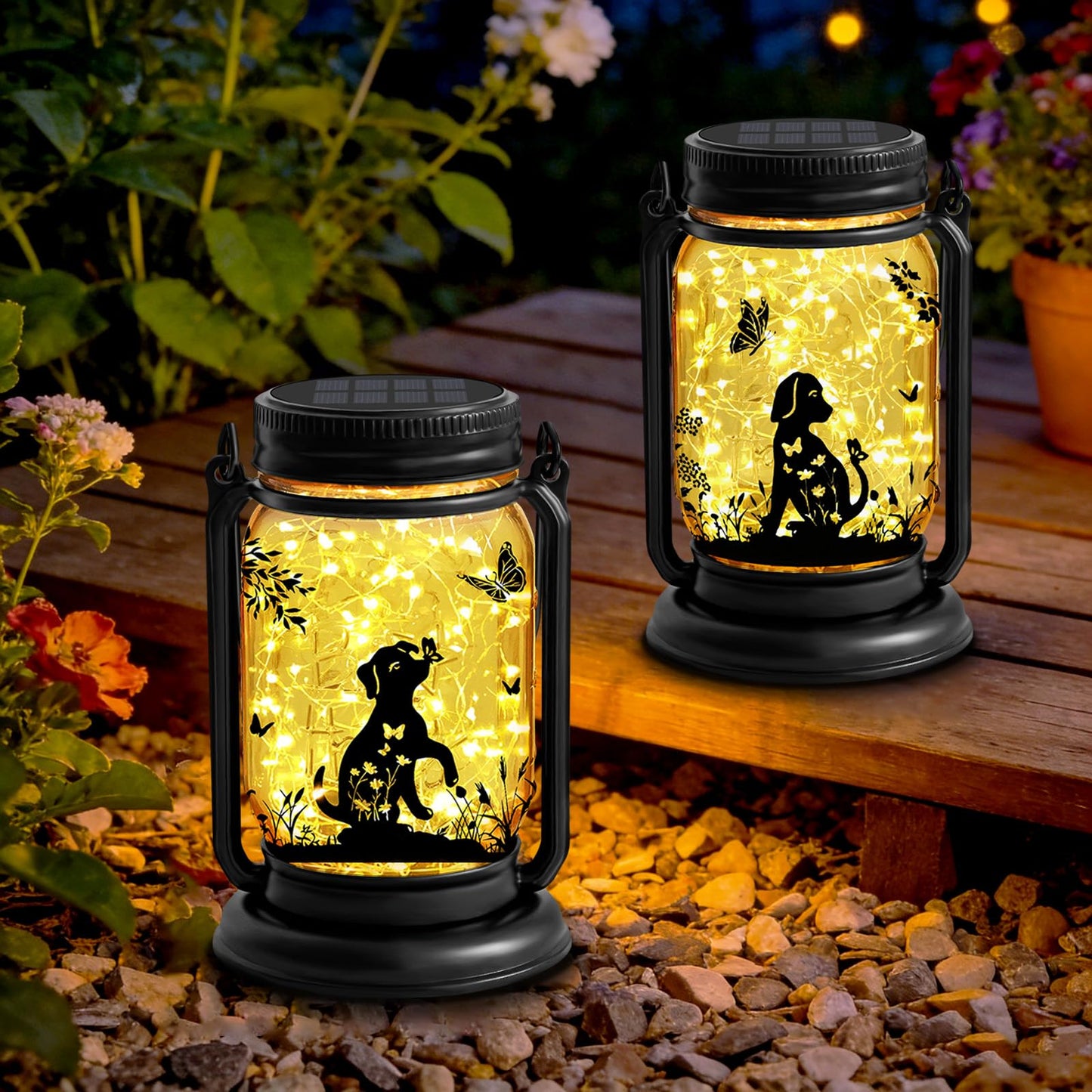 2 Pack Dog Solar Lanterns, Outdoor Hanging 3in1 Solar Lantern with Stake, Birthday Gifts for Mom, Grandma, Women Dog Lover, Dog Butterfly Mason Jar Waterproof LED Lights for Yard Lawn Garden Decor