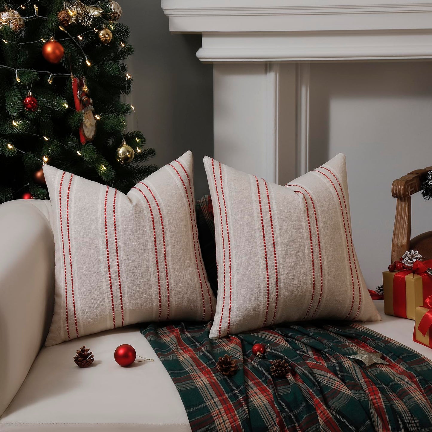 Hckot Christmas Pillow Covers 18x18 Set of 2 Red Striped Throw Pillow Covers Linen Decorative Pillows Square Cushion Covers for Sofa Couch Bed Living Room Xmas Winter Decorations(Red)
