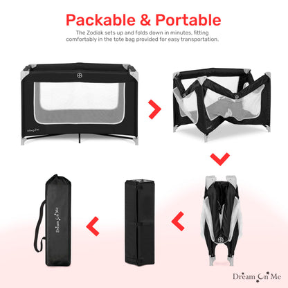 Dream On Me Zodiak Portable Playard in Black, Lightweight, Packable and Easy Setup Baby Playard, Breathable Mesh Sides and Soft Fabric - Comes with a Removable Padded Mat