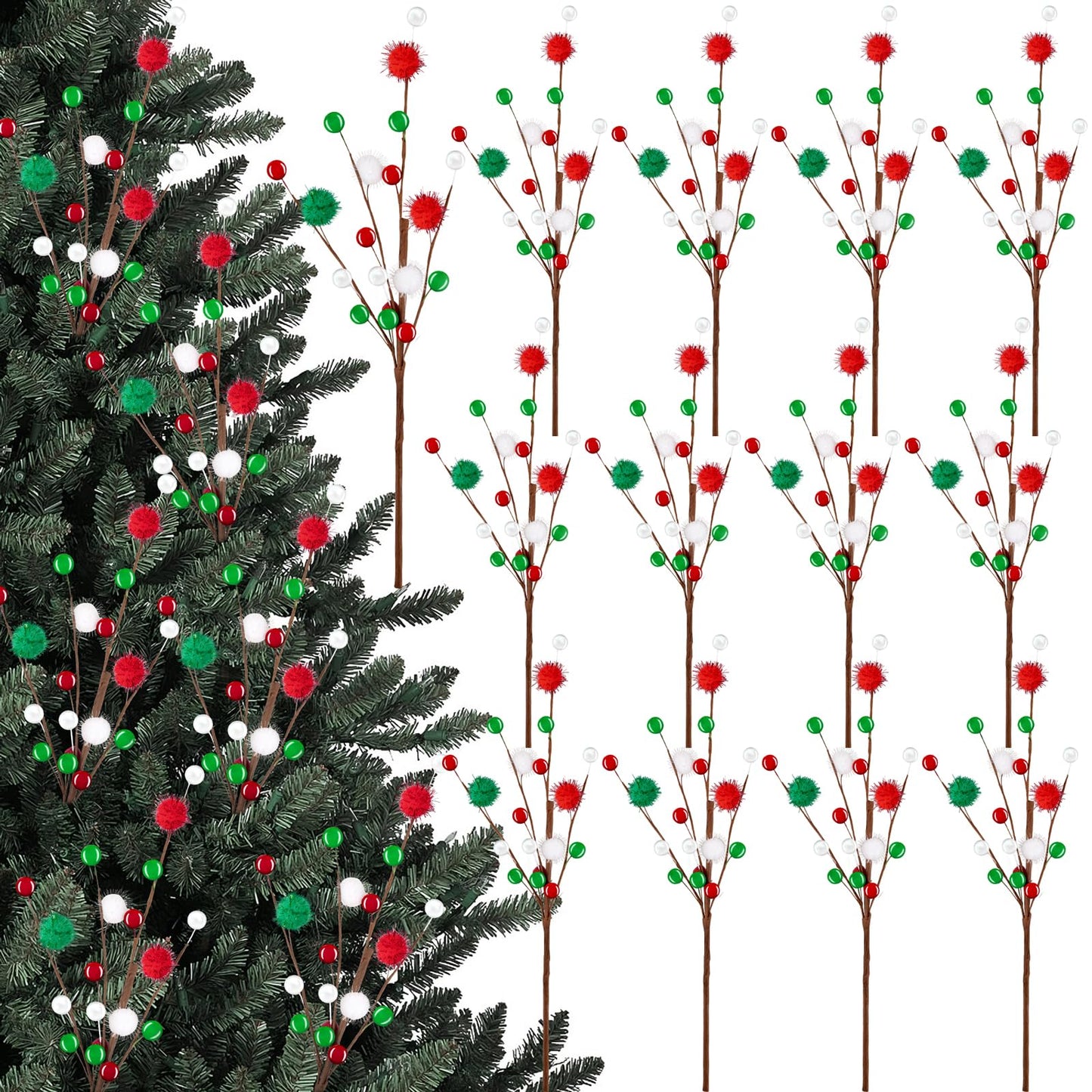 12PCS Christmas Tree Decorations Red Green Picks Berry Stems Xmas Ornaments Floral Pick with Beads Balls for Tree Topper Vase Home Table Decor