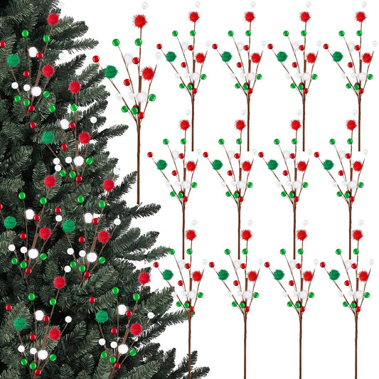 12PCS Christmas Tree Decorations Red Green Picks Berry Stems Xmas Ornaments Floral Pick with Beads Balls for Tree Topper Vase Home Table Decor