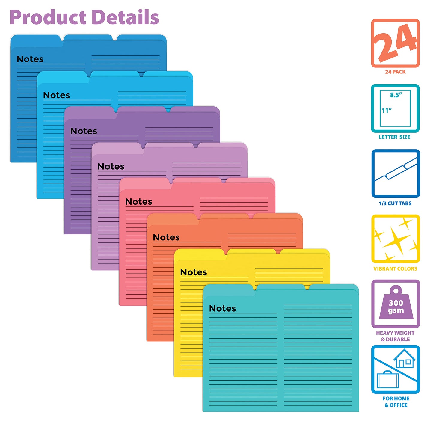 Better Office Products Lined File Folders, 24 Pack, Notes Tabbed File Folders, 1/3 Cut Tabs, 8 Vibrant Colors, Heavyweight, Letter Size Folders, 9.5" x 11.5", Left/Center/Right Set Per Color,