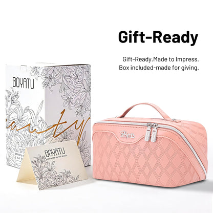 BOYATU Travel Makeup Bag for Women: Large Capacity 3-Piece Quilted Cosmetic & Toiletry Organizer - 2 Detachable Pouches Expand Storage by 50%, Open Flat for Easy Packing, Waterproof PU Leather(Pink)
