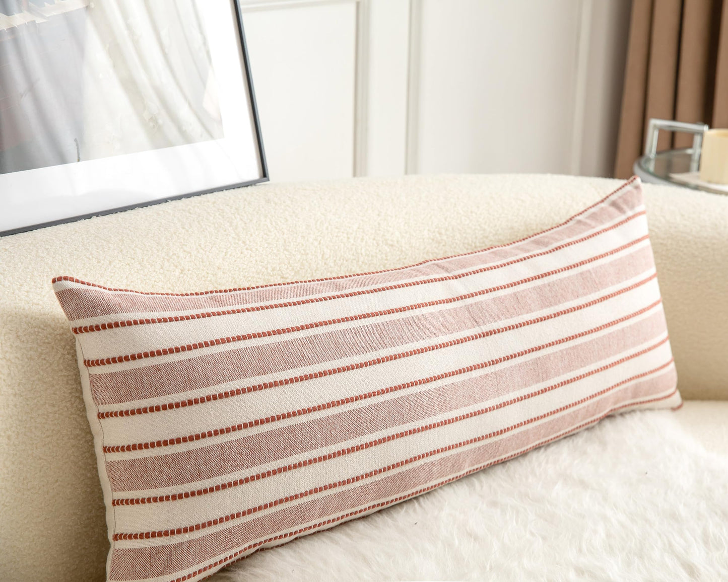 Cethom Decorative Boho Lumbar Pillow Covers, Modern Farmhouse Couch Pillowcase, 14 x 36 Long Accent Body Throw Pillow Covers, Sofa Bed Living Room Decor Cushion Case, Rust and Beige, Pack of 1