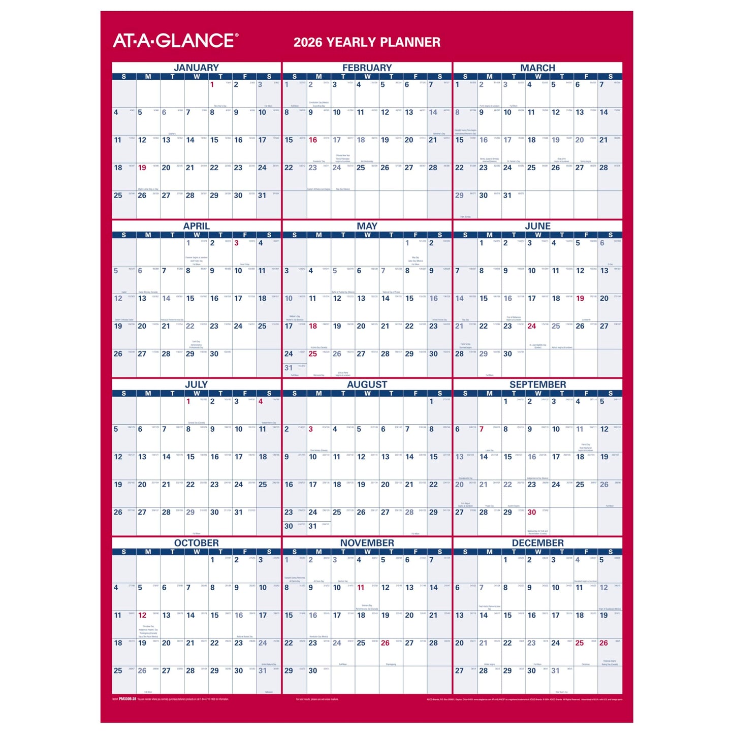 AT-A-GLANCE 2026 Erasable Calendar, Dry Erase Wall Planner, 12" x 16", Small, Vertical-Horizontal, Reversible, Compact (PM330B2826)