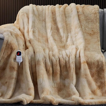 Guohaoi Heated Blanket Electric Throw, Soft Faux Rabbit Fur Electric Blanket with 10 Heating Levels 5 Sitting Timer Auto Off, Cozy Warm Heating Blankets, Machine Washable(84"×90" Beige)
