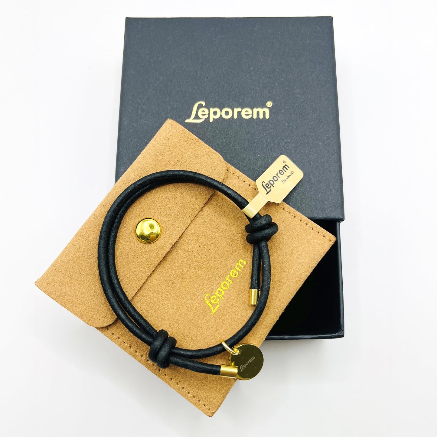 Leporem Minimalist Wristband Black Cord with Blank Round Pendant Elegant Dark Jewelry for Date Night, 6.1-7.9 Inch (Black, 18K Gold Plated)
