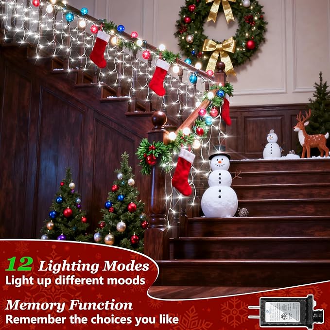 1332 LED 132ft Christmas String Lights Outdoor, 12 Modes Dimmable Curtain Lights with 296 Drops, Waterproof Fairy Lights with Timer for Bedroom Window Holiday Wedding Home Xmas Decor, Cool White