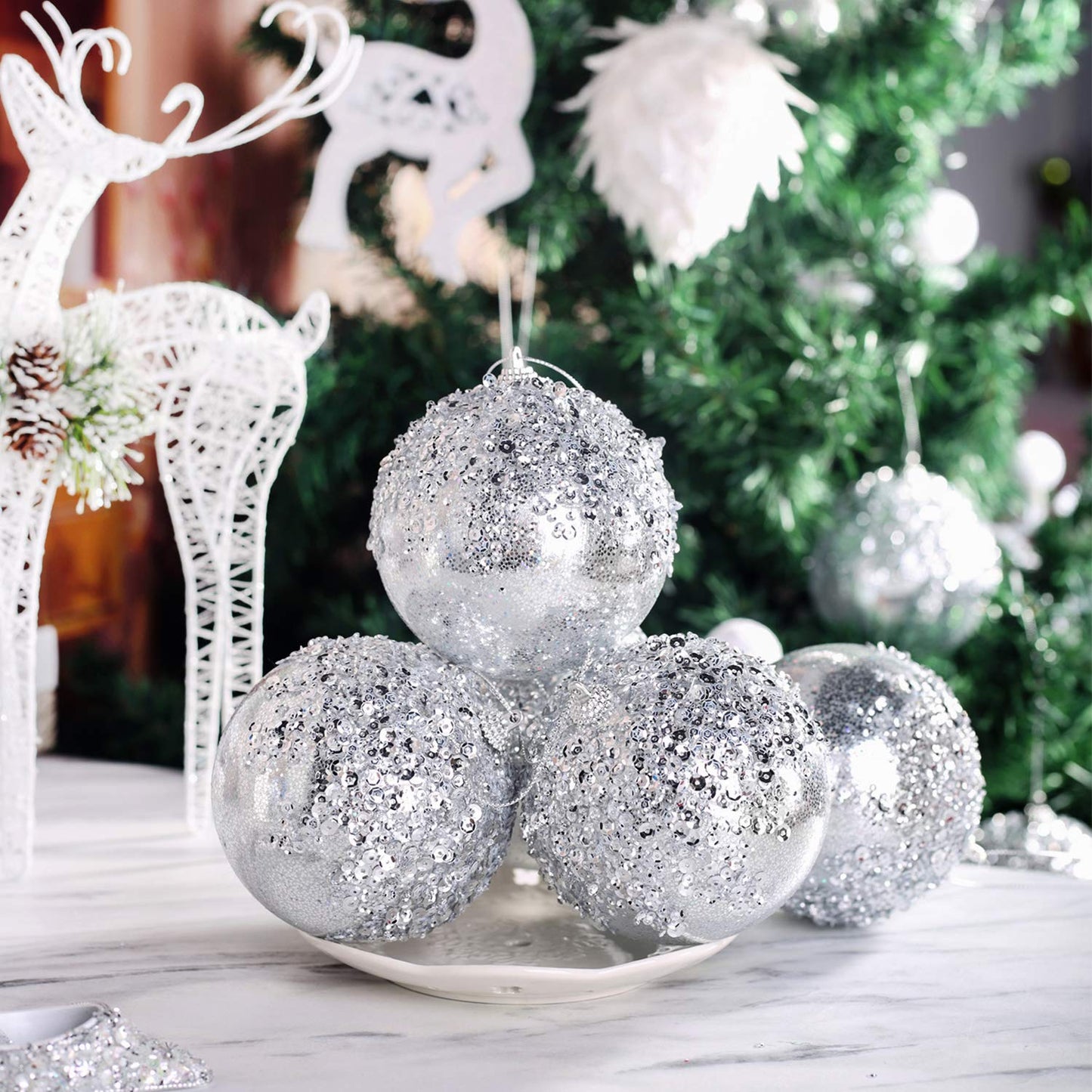 ZHANYIGY 4pc Silver Christmas Ball Ornaments, Shatterproof Christmas Ball Decorations for Trees, Wedding Party Holiday Decorations