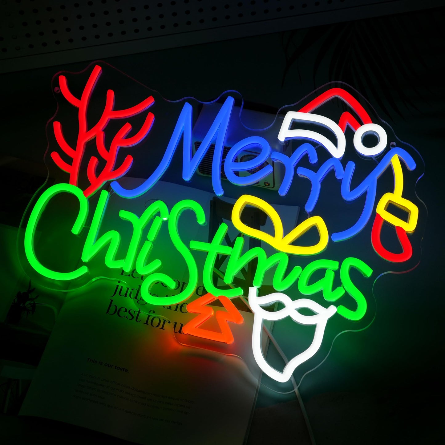 LISIGNVE Merry Christmas Neon Sign with Santa Hat Dimmable USB Powered Led Christmas Tree Stocking Light UP Sign for Home Bar Window New Year Party(16.5 * 12.4 In)