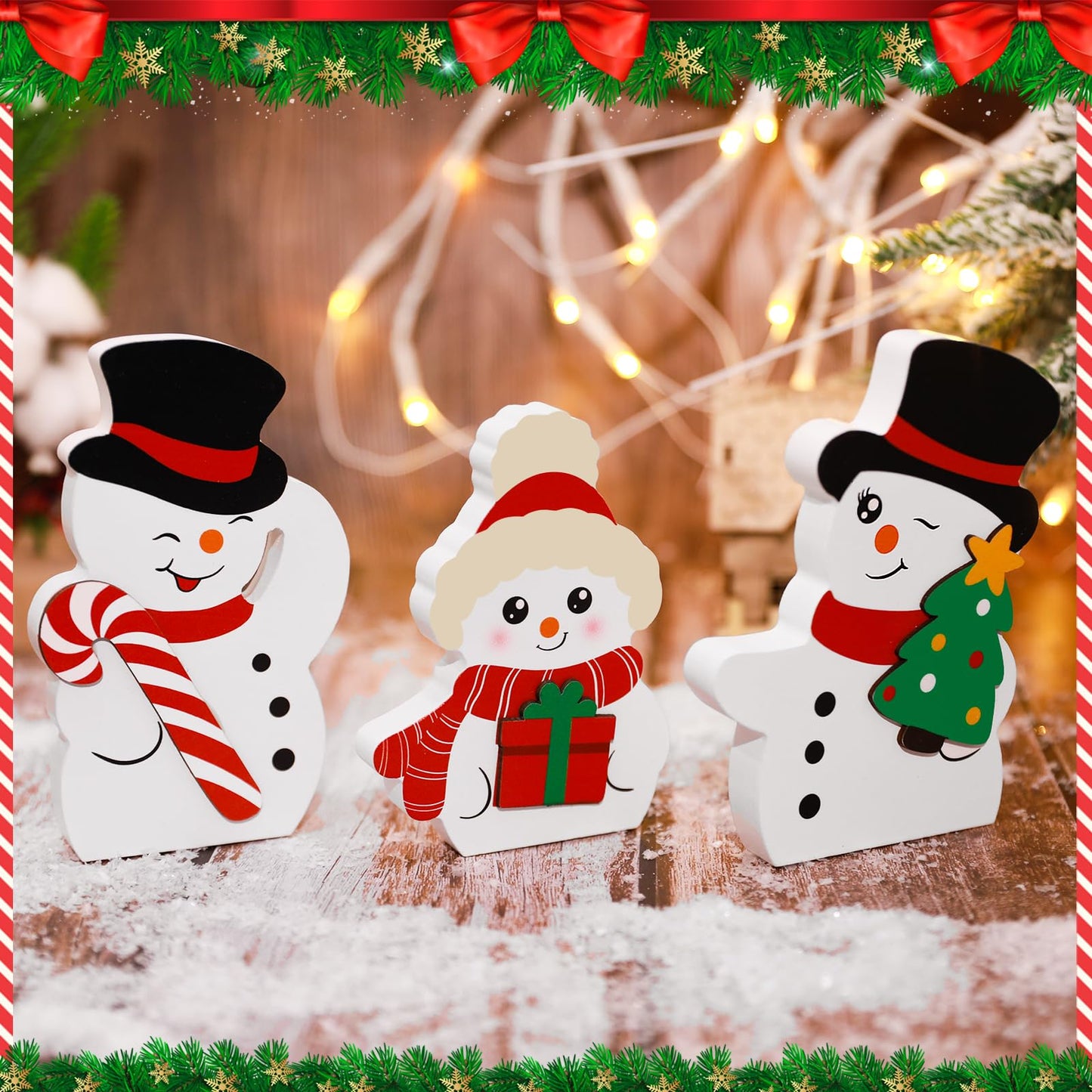 COCHIE Snowman Christmas Decorations Indoor, Cute Winter Tiered Tray Decor Set of 3, Wooden Snowman Blocks Xmas Table Decoration for Party Home Office Shelf Door (Peppermint Candy Canes)