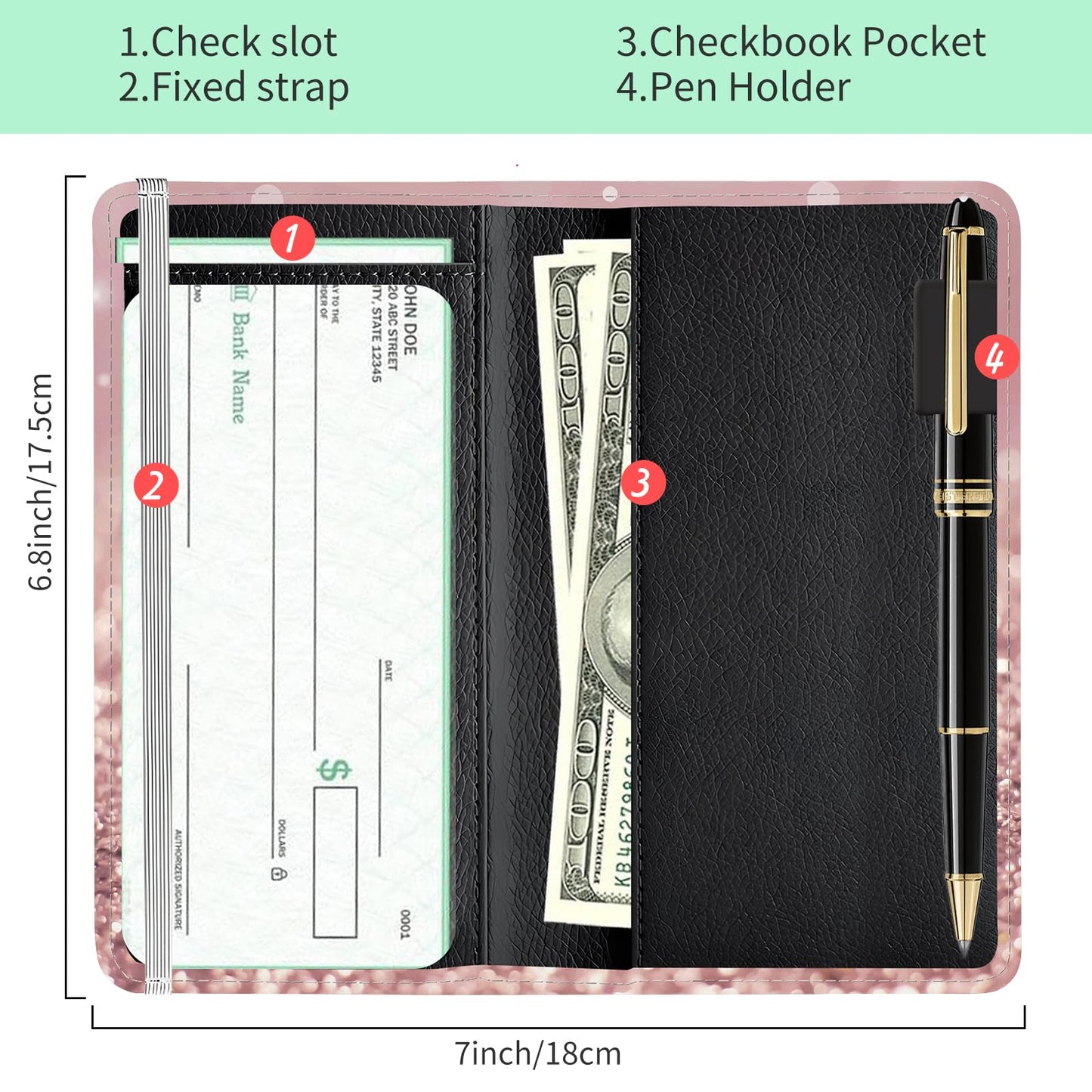 APVDSH Checkbook Cover for Personal Checkbook, Cute Pu Leather check book for Women & Men, Slim Checkbook Holder with Pen Holder and Built-in Clear Plastic Divider Rose Gold Glitter
