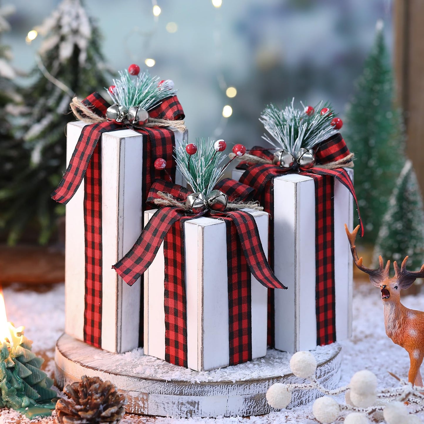Amyhill 3 Pcs Christmas Wooden Gifts Box Decor Christmas Plaid Presents Table Centerpieces Rustic Wooden Gifts Tiered Tray Decor with Buffalo Plaid Bowknot for Xmas Party(Red,Classic)