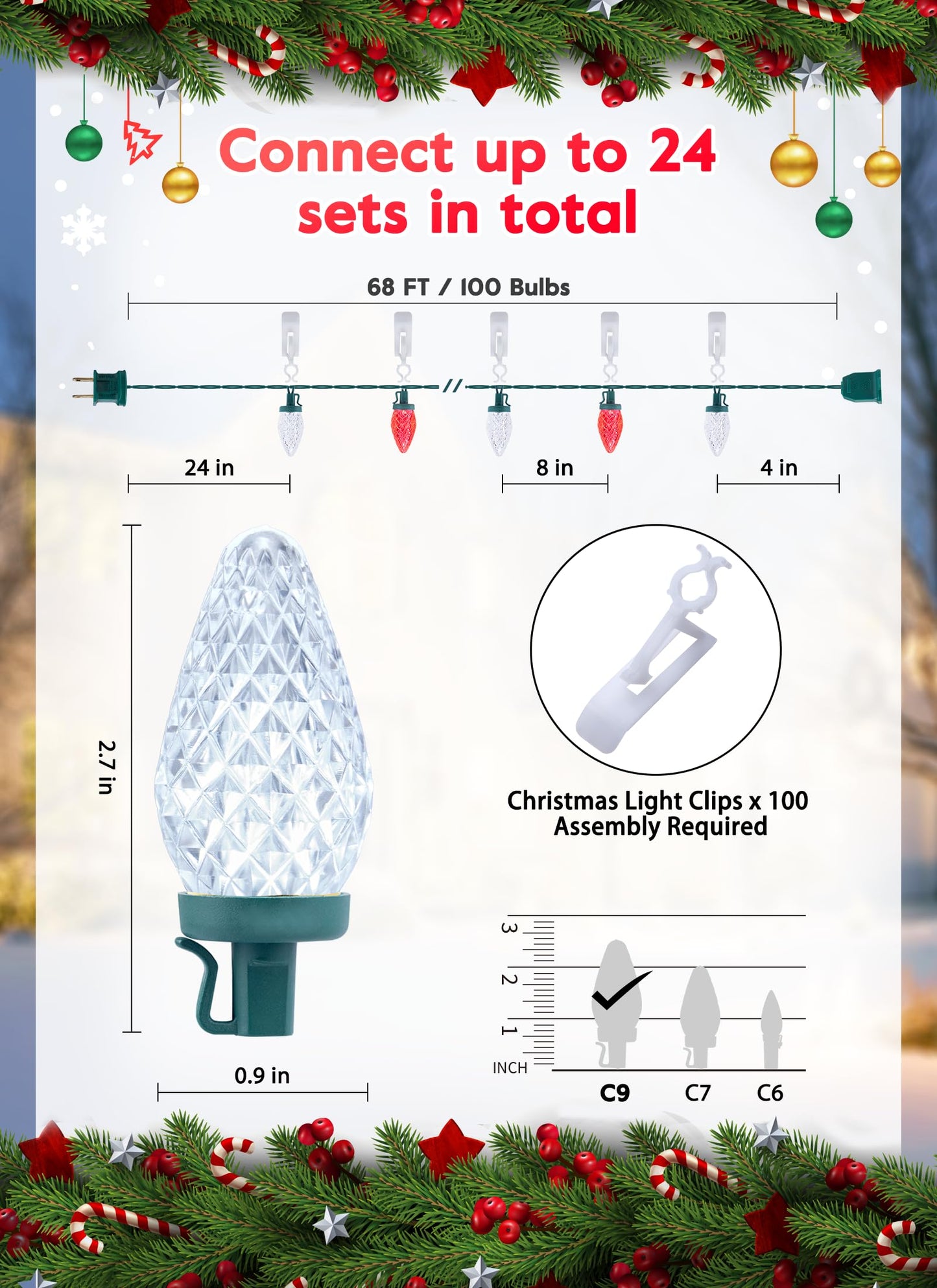 C9 LED Christmas Lights Outdoor, 68 Ft 100 LED C9 String Lights with 100 All in One Clips, Connectable Waterproof Christmas Tree Lights for Outside Roofline Backyard Garden Decor, Red & Warm White