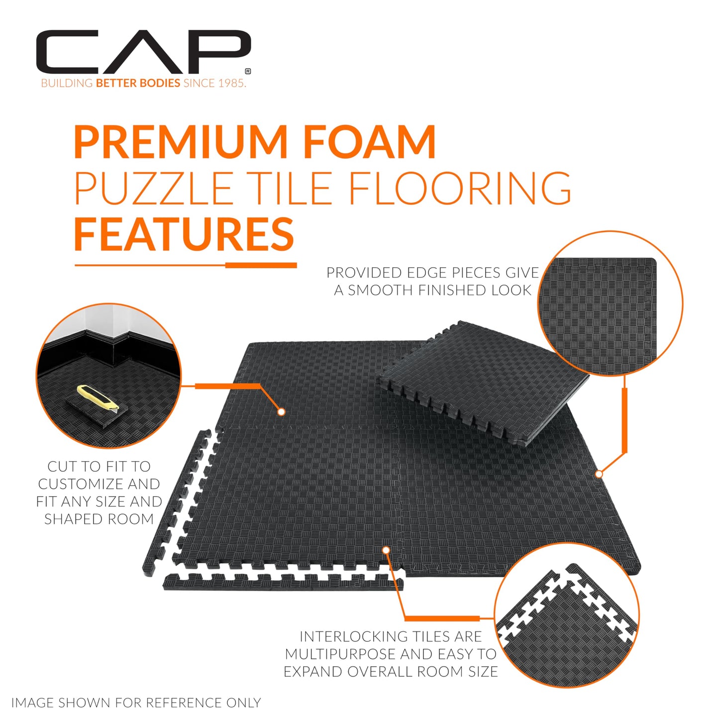 CAP Barbell 1/2-Inch Interlocking EVA Foam Exercise Puzzle Mat Home Gym Flooring - 4 Pack | 24" x 24" x 1/2" | Tatami Pattern - Black