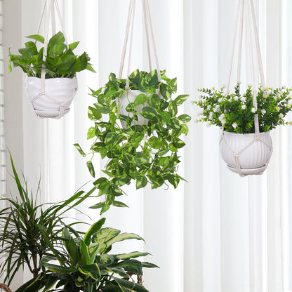 YIBOT 3 Pack Macrame Plant Hanger Indoor Hanging Planter Basket with 3 Hooks, 35"/29"/23" Crochet Plant Holder Stand No Tassels for Indoor Outdoor Boho Home Decor, Ivory (POTS NOT Included)
