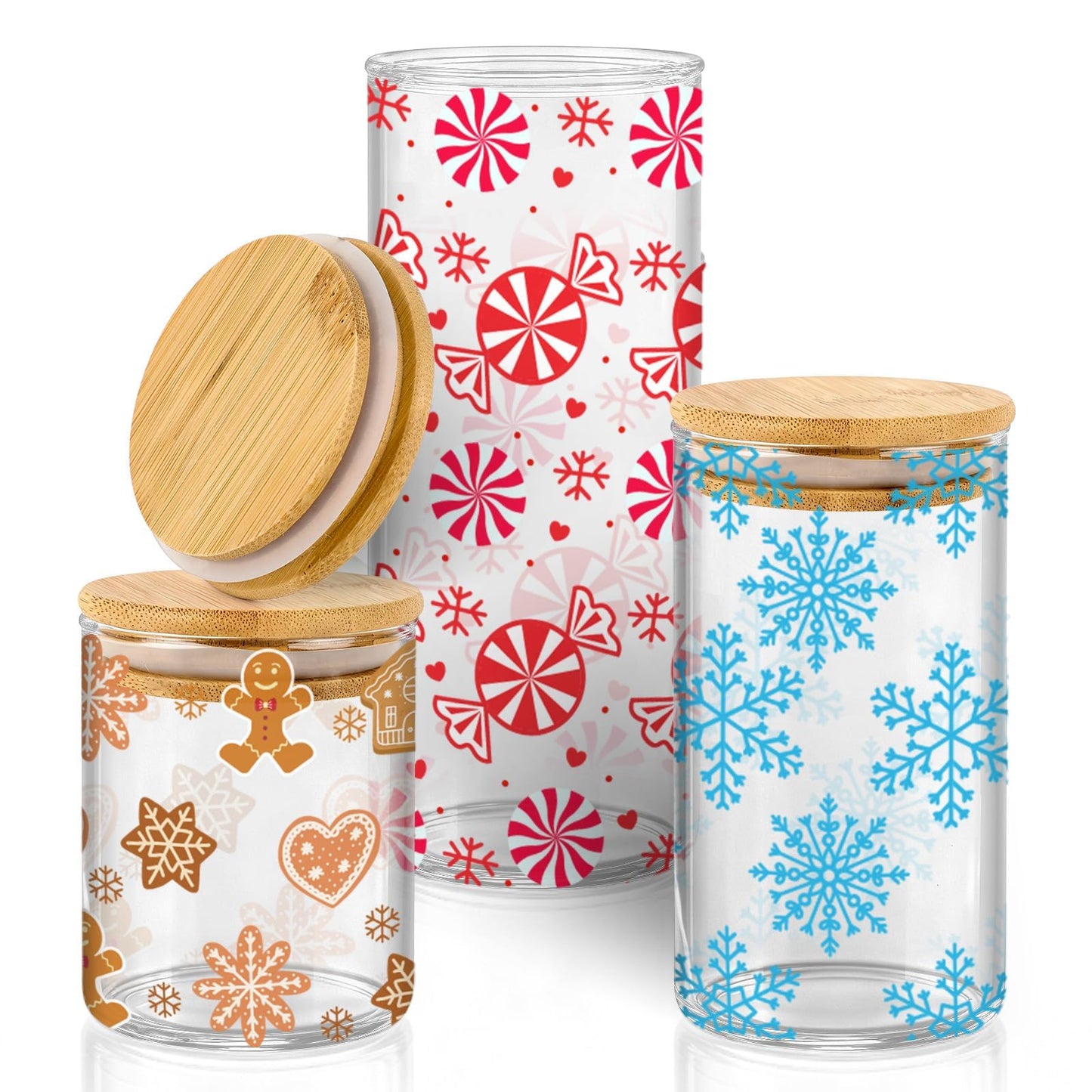 Cumule 3 Pcs Christmas Glass Storage Jars With Airtight Bamboo Lid Candy Cane Gingerbread Man Snowflake Glass Food Storage Jars with Wood Lid for Xmas Home Kitchen Containers Decoration
