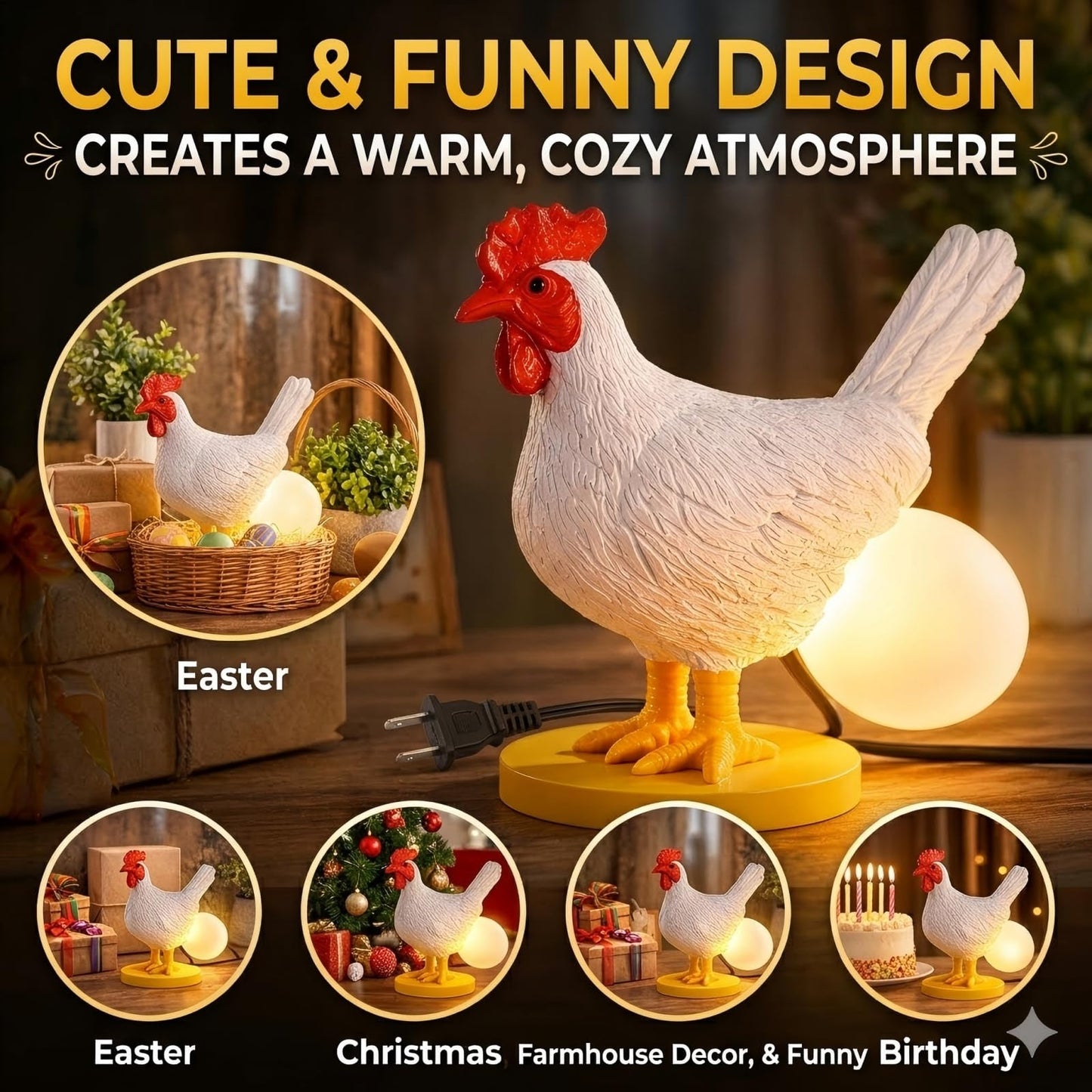 AMPlug in Funny Chicken Night Light Lamp – Rooster Laying Egg Light, Farmhouse Table Decor, Unique Gift for Chicken Lovers (Includes Bulb)