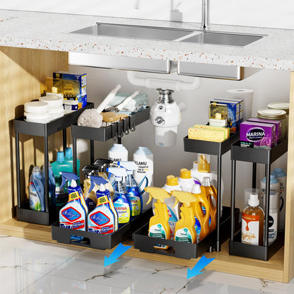 Delamu 2 Pack Under Sink Organizers and Storage, 2 Tier Pull Out Bathroom Cabinet Organizer, L-Shape Black Under Bathroom Kitchen Sink Organizer with Drawer for Under Sink Storage Organizer