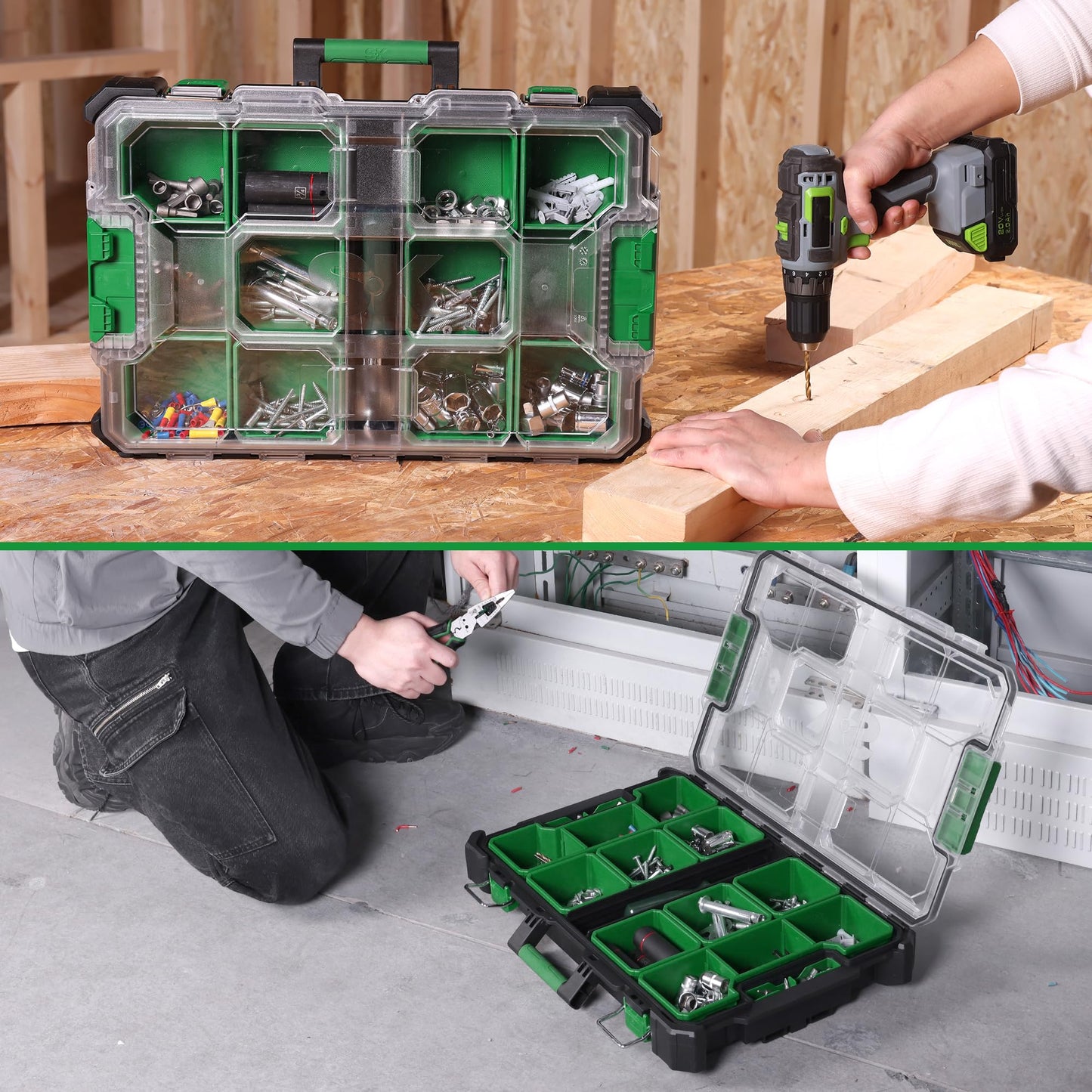 SK 20.5-Inch Small Part Organizer, Stackable Tools Box Organizer with 15 Compartments and Removable Dividers, Transparent Lid, Waterproof & Impact-Resistant Design, for Small Tools and Accessories