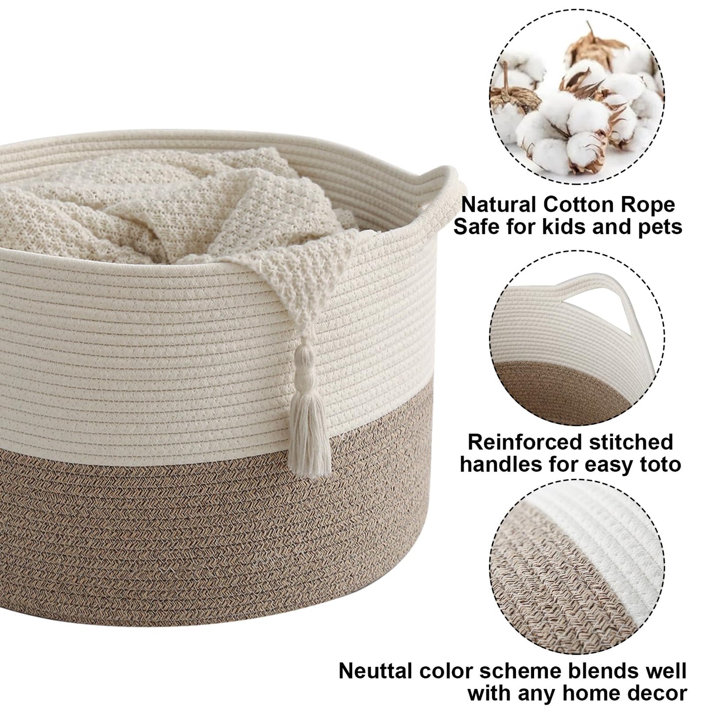 HZFTJOY Large Woven Blanket Basket,65L Cotton Rope Laundry Basket Hamper with Handles, Decorative Nursery Basket Storage Bin for Toys, Clothes Organizer, Living Room, Bedroom, Bathroom, White & Brown