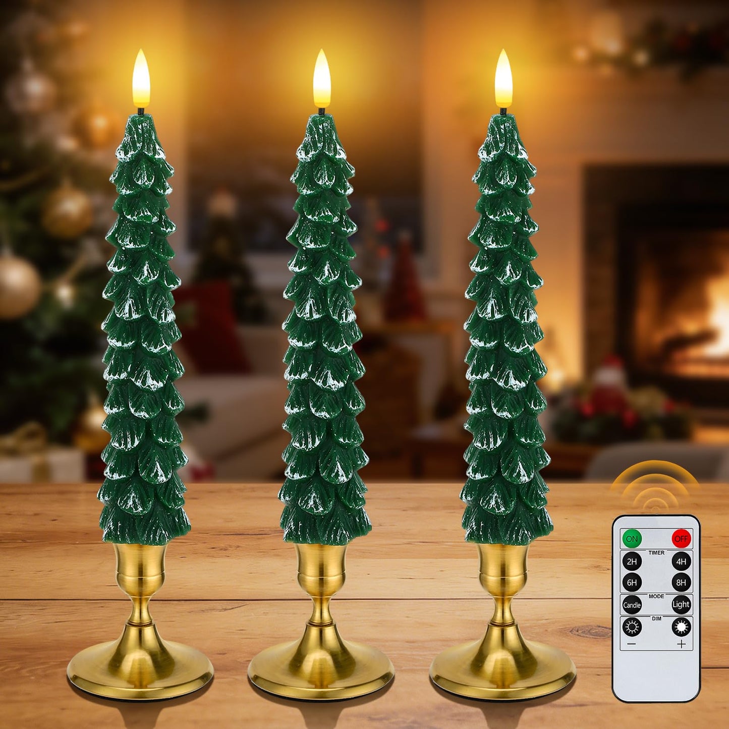 Beeplove 3 Pack Christmas Tree Candles with Remote- Real Wax Flameless Taper Candles, 9.7in Green Candlesticks Battery Operated for Home Table Metal Xmas Holiday Indoor Decorations Gifts