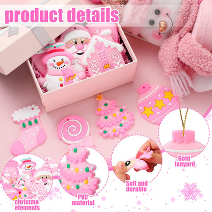 Lunmon 24 Pcs Pink Christmas Ornaments PVC Pastel Ornaments for Christmas Tree Santa Claus Gingerbread House Gnomes Xmas Baubles Winter Decorations for Xmas Tree Party Holiday Decor