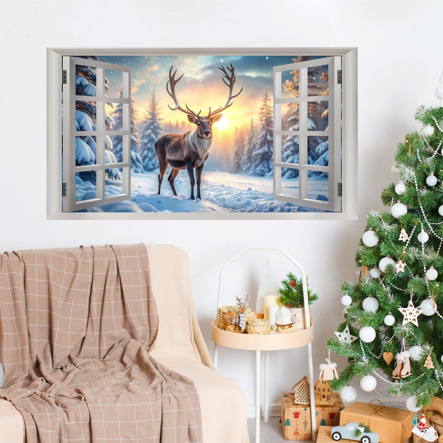 Winter Wall Stickers 3D Fake Windows Wall Stickers Christmas Wall Decals Peel and Stick Forest Wall Sticker Snowy Landscape Walls Decals Winter Pine Tree Art Murals for Living Room Bedroom Decor